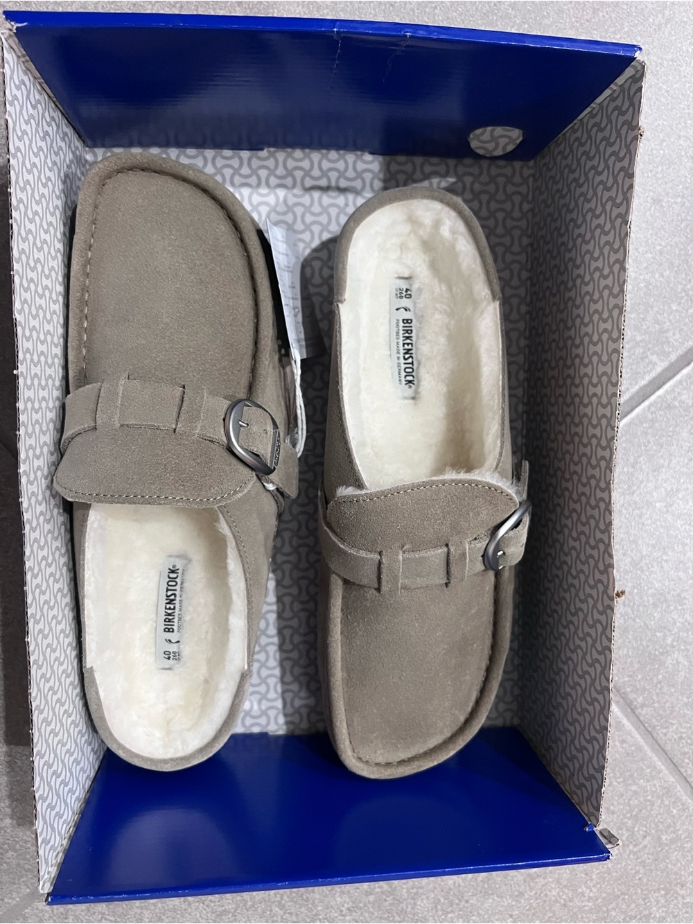 Birkenstock Buckley Taupe Suede Shearling Slip-On Clogs